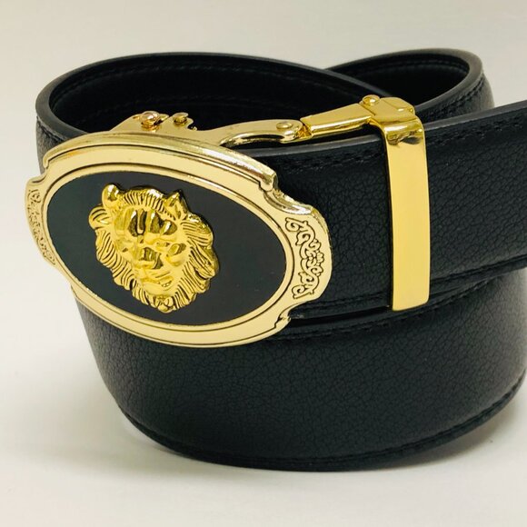 Black Leather Belt Automatic Buckle Slide Belts No Hole Strep Ratchet Buckle Men - Picture 1 of 3